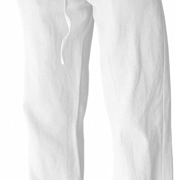 Men cotton linen pants, elastic waist drawstring, lightweight, wide leg loose design