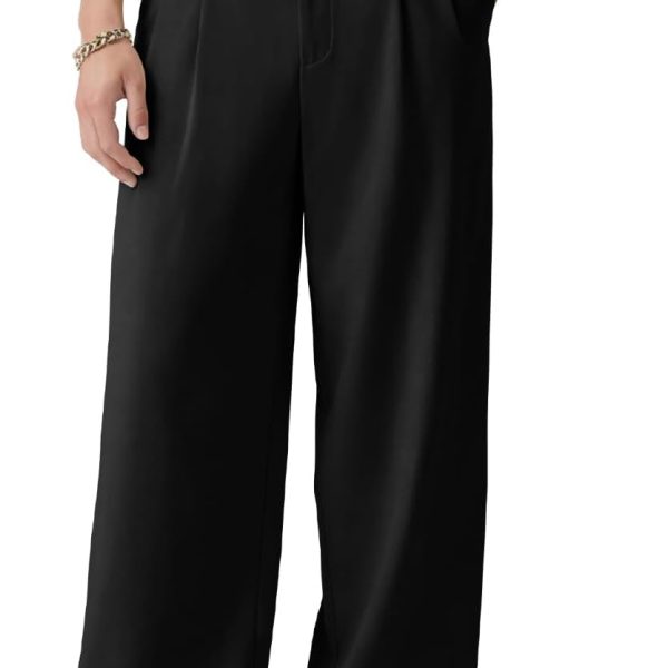 Men casual pants, loose fit, pleated wide leg, stretch waist, zip fly