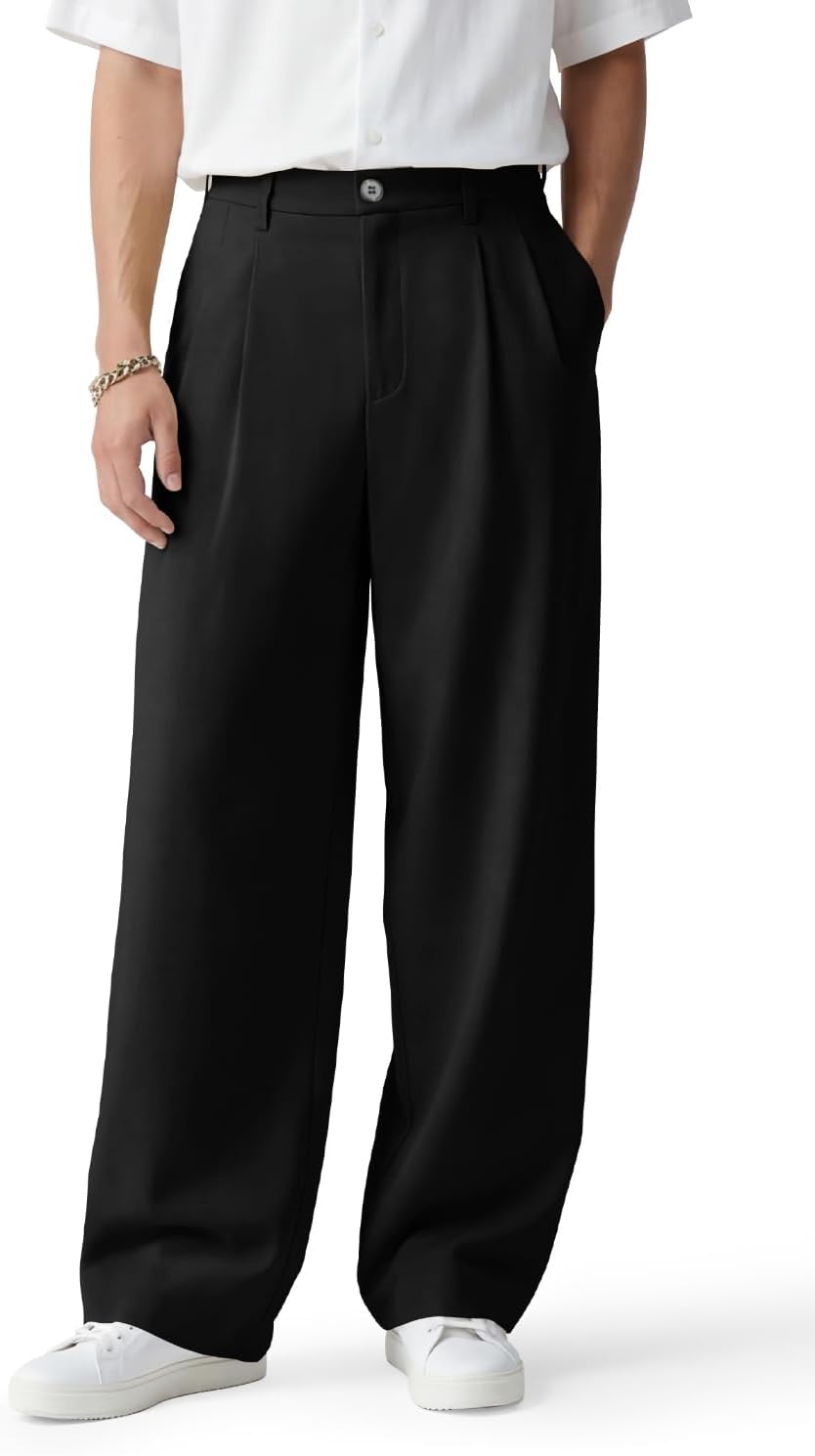 Men casual pants, loose fit, pleated wide leg, stretch waist, zip fly
