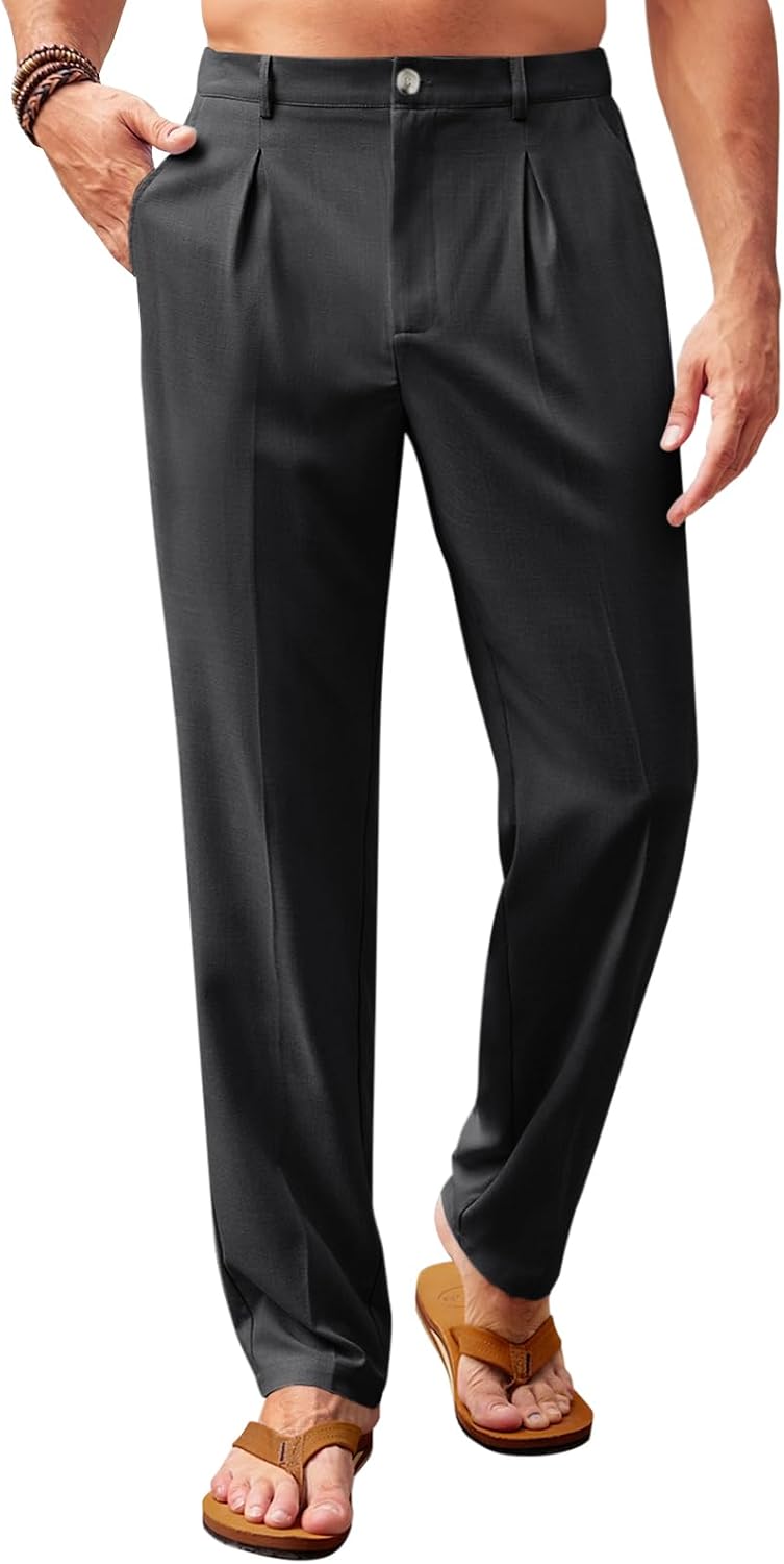 Men casual pants, elastic waist, lightweight, loose pleated, summer beach style