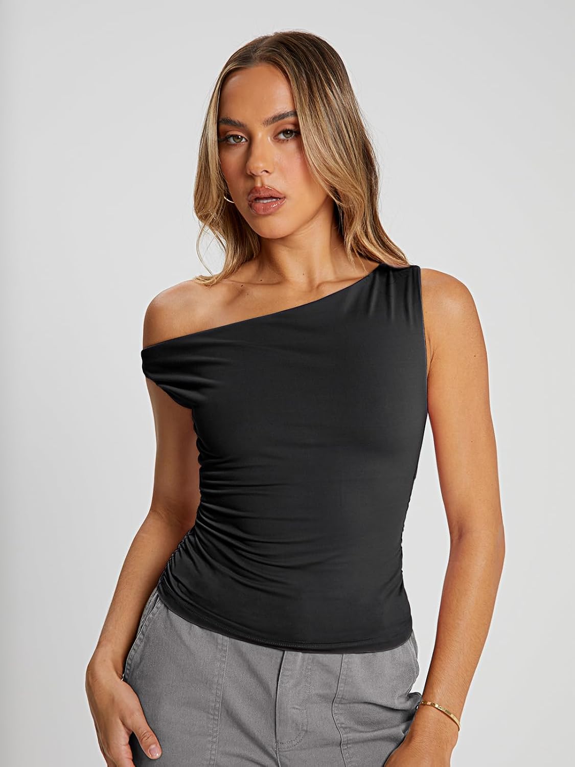 Womens Double Lined Off The Shoulder Tops Going Out Tank Crop Shirts Image 2