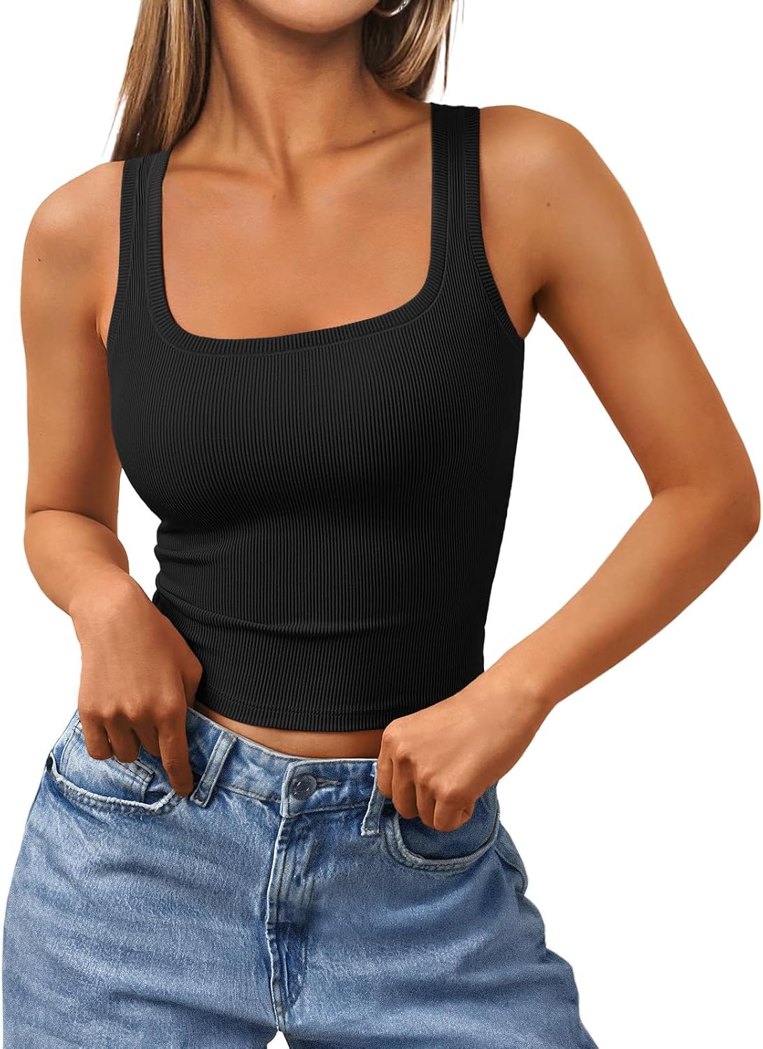 Women Square Neck Cropped Ribbed Tank Tops Summer Sleeveless Clothes