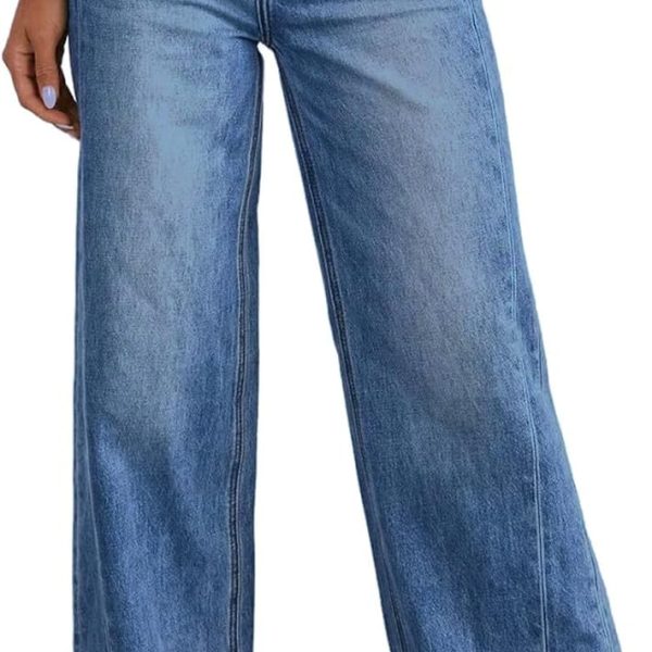 Women Wide Leg Jeans High Waisted Stretchy Raw Hem  Denim Pants