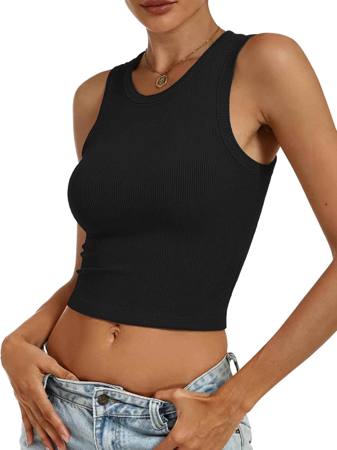 Womens Crop Tank Tops High Neck Sleeveless Ribbed Knit Slim Fit Shirts Summer Casual Basic Workout Clothes Image 2