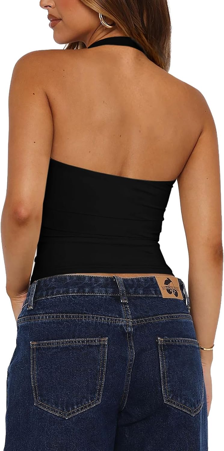 Women Halter Backless Crop Top Sexy Going Out Double Lined Tank Tops Y2K Outfits Image 2