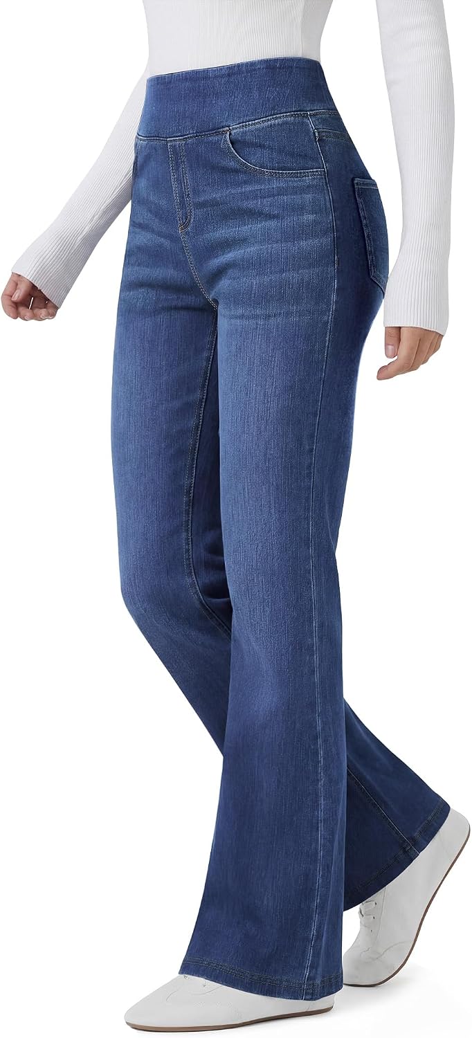 Women Trendy Stretchy Flare Jeans High Waisted Wide Leg Bootcut Jeans Pull On Casual Loose Denim Pants
