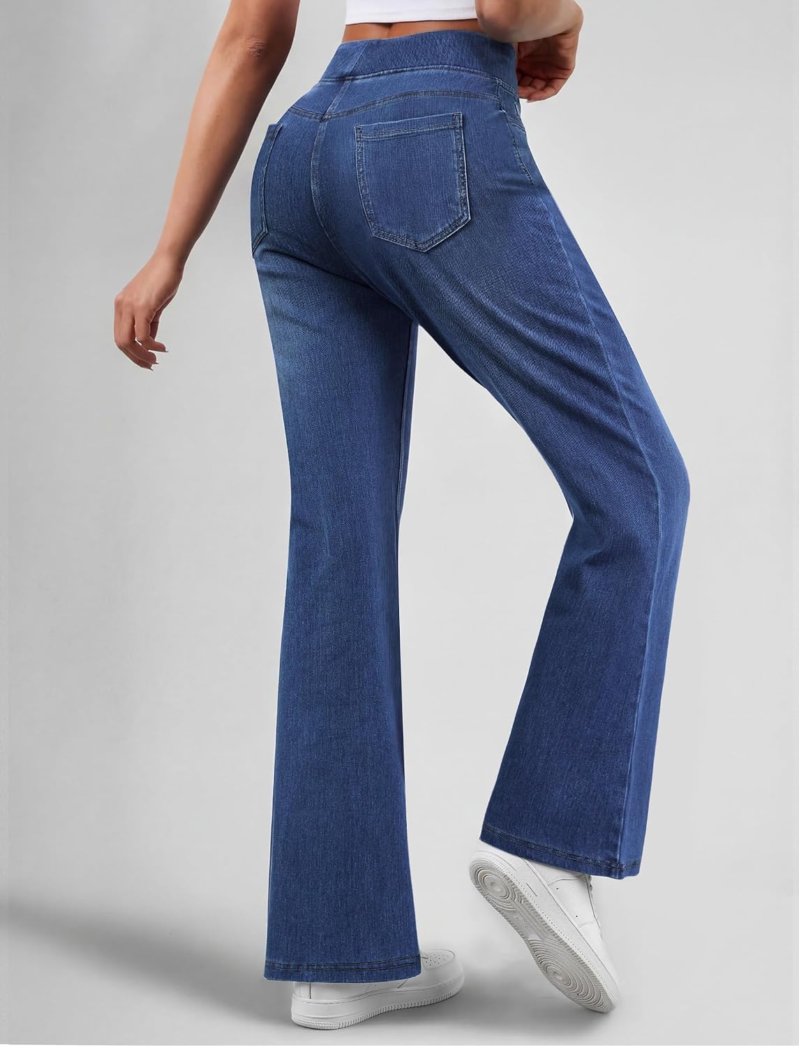 Women Trendy Stretchy Flare Jeans High Waisted Wide Leg Bootcut Jeans Pull On Casual Loose Denim Pants Image 2