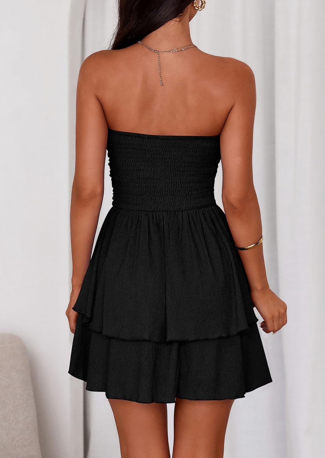 Women Summer Strapless Tube Mini Dress Off Shoulder Smocked Ruffle A Line Flowy Short Party Club Dresses Image 2