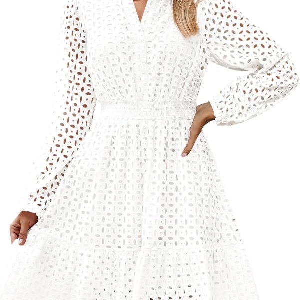 Women  Long Sleeve Mini Dress Fall V Neck Hollow Out Eyelet Embroidery Ruffle A Line Swing Short Dresses